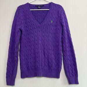 Ralph Lauren Women's Cable Knit Sweater Fisherman Sz XL Purple V Neck Cotton